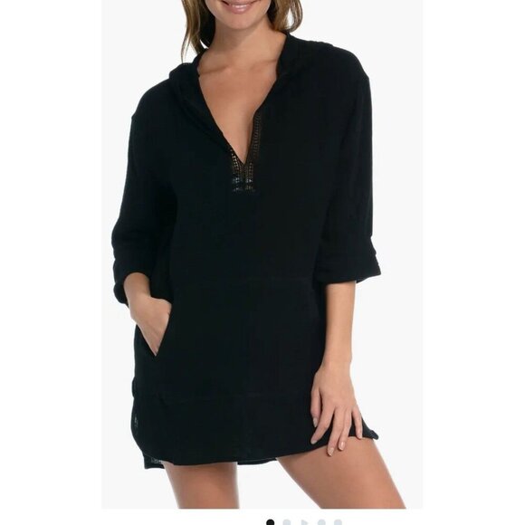 La Blanca Seaside Cotton Hoodie Gauzy Hooded Swim Cover Up Tunic Large Black - Picture 1 of 5